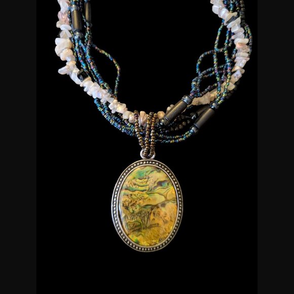 Natural Stone Large 2.81 Mother Of Pearl Multistrand Silver Statement Necklace - Picture 7 of 9